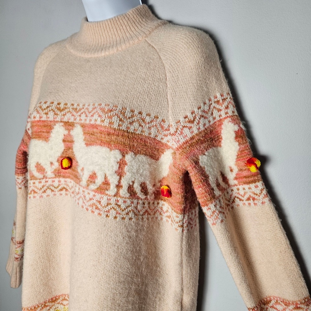 Anthropologie Women Aimee Pommed Alpaca Llama Sweater S Pink Fair Isle Whimsical